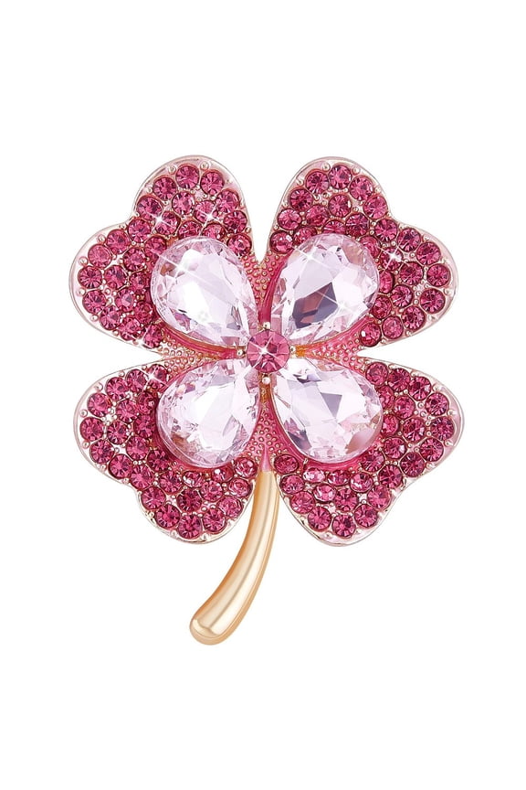 Four Leaf Clover Brooch Pin Alloy Rhinestone Four Leaf Clover Lapel Pin Accessory for Women Clothing Bags Backpacks Jackets Pink