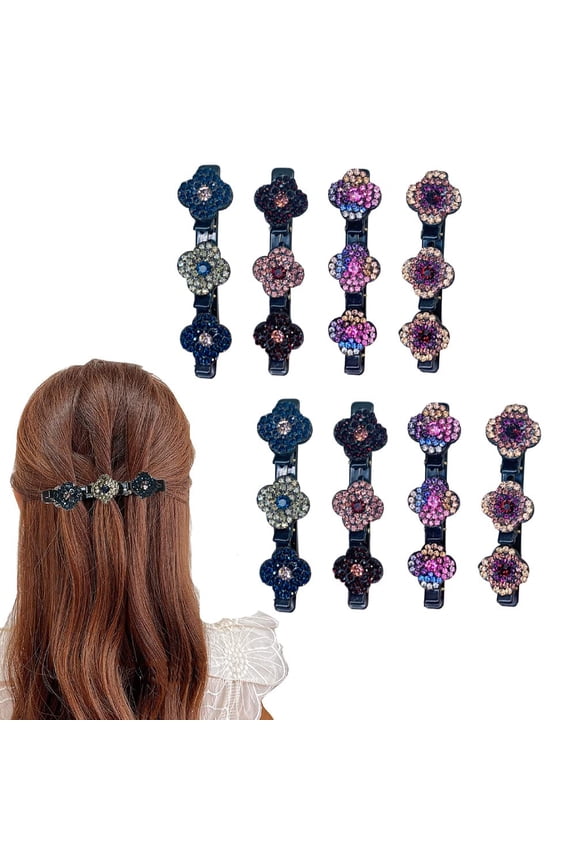 Four-Leaf Clover Chopped Hairpin Duckbill Clip, Sparkling Crystal Stone Braided Hair Clips Ladies Ponytail Fixer, Nonslip Braided Magic Hair Clips for Women Girls (8 PCS)