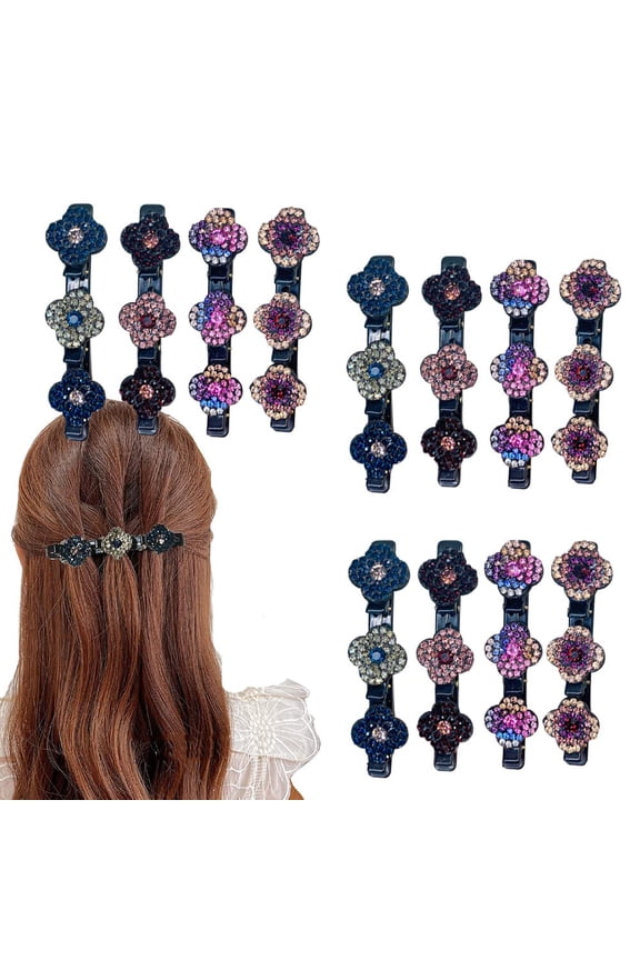 Four-Leaf Clover Chopped Hairpin Duckbill Clip, Sparkling Crystal Stone Braided Hair Clips Ladies Ponytail Fixer, Nonslip Braided Magic Hair Clips for Women Girls (12 PCS)