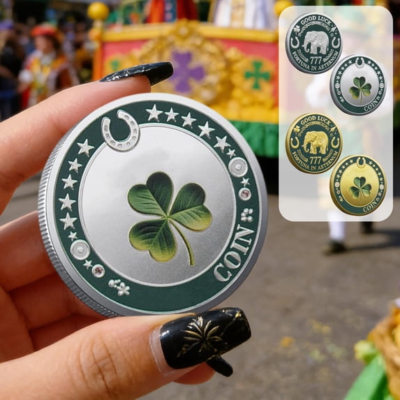 Four Leaf Clover Commemorative Coin, Lucky Irish Coin with Horseshoe, Gold Silver Iron Good Luck Token, Novelty Souvenir Gift for Wealth Success Health, Desk Decor Wallet Charm, 1.57 Inch, 1 PC