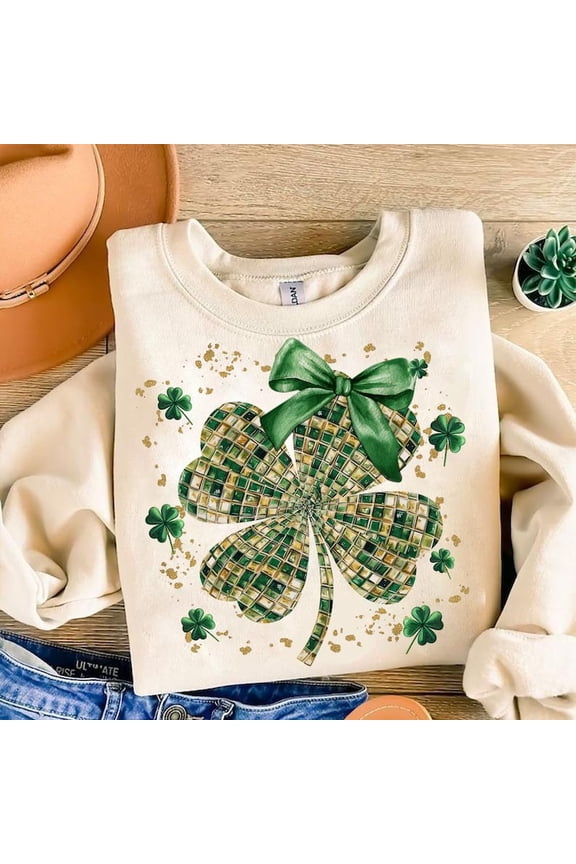 Four Leaf Clover Disco Ball Sweater, Coquette Bow Lucky Shamrock Irish St Pattys Day Sweatshirt