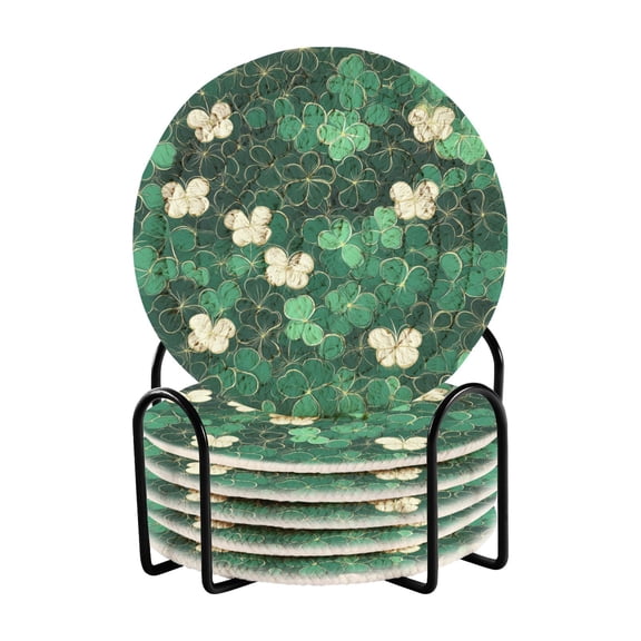 Four Leaf Clover Drink Coasters with Holder Absorbent Coaster for Coffee Table Room Decor 6 Pack