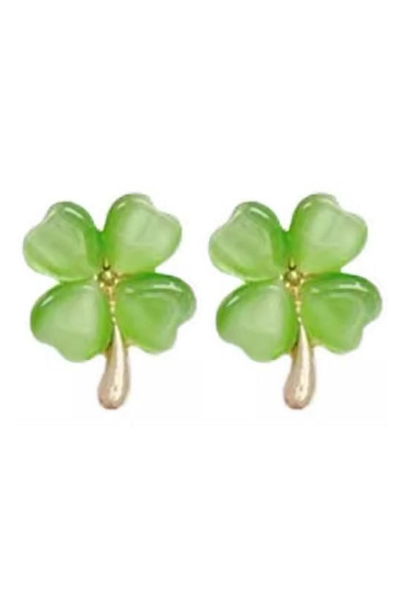 Four Leaf Clover Earrings Silver Needle Cat Eye Stone Earrings for Women