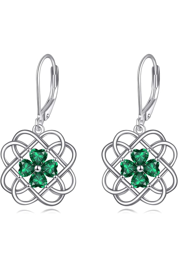 Four Leaf Clover Earrings Sterling Silver Shamrock Celtic Knot Dangle Drop Leverback Earrings Irish Lucky Jewelry St Patricks Day Gifts for Women