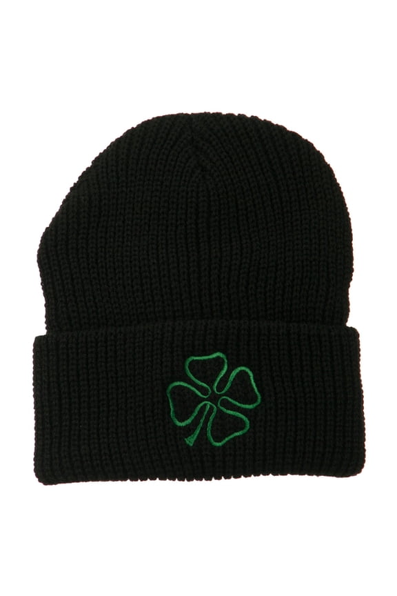 Four Leaf Clover Embroidered Watch Beanie - Black OSFM
