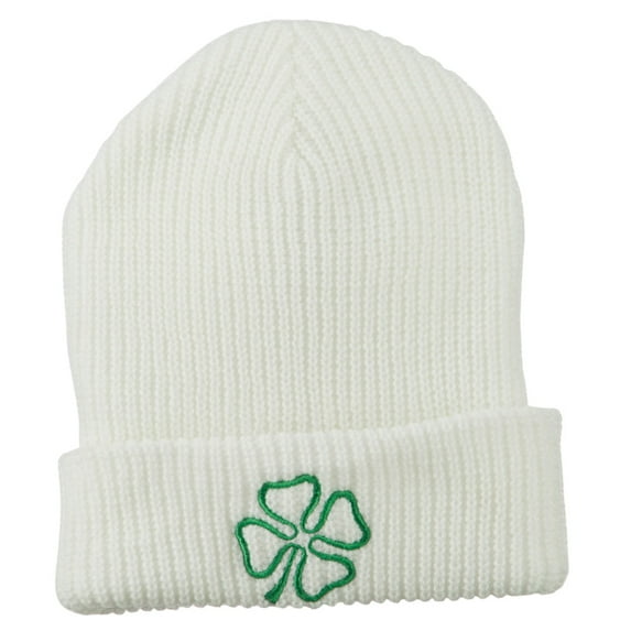 Four Leaf Clover Embroidered Watch Beanie - White OSFM