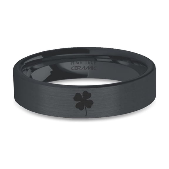 Four Leaf Clover Engraved Black on Black Brushed Ceramic Ring, 6mm, Size 10.5