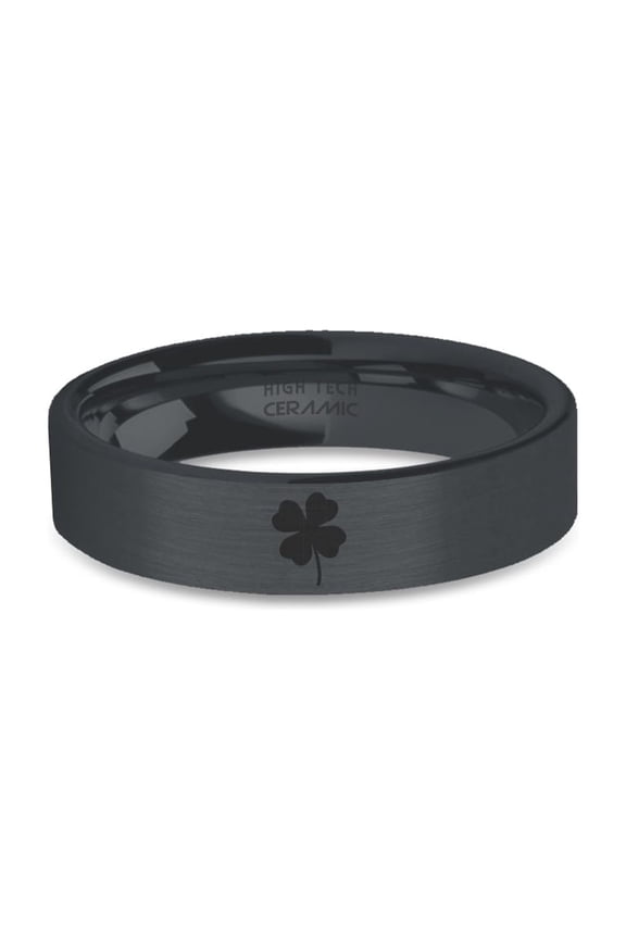Four Leaf Clover Engraved Black on Black Brushed Ceramic Ring, 6mm, Size 10.5