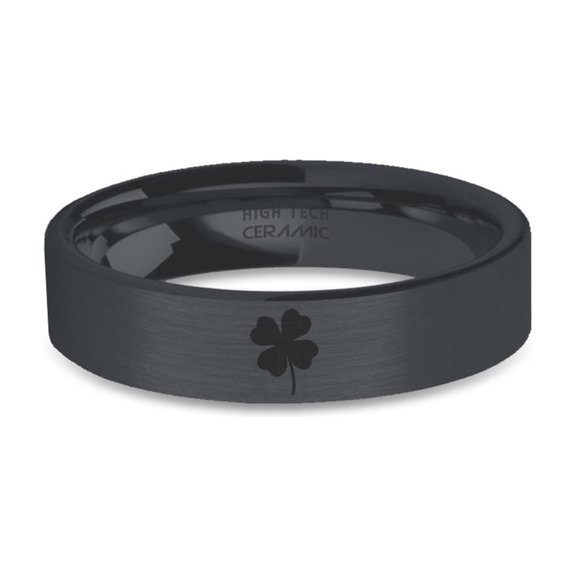 Four Leaf Clover Engraved Black on Black Brushed Ceramic Ring, 6mm, Size 4.5