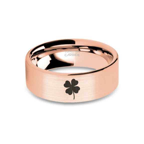 Four Leaf Clover Engraved Brushed Rose Gold Tungsten Carbide Ring, 8mm, Size 15