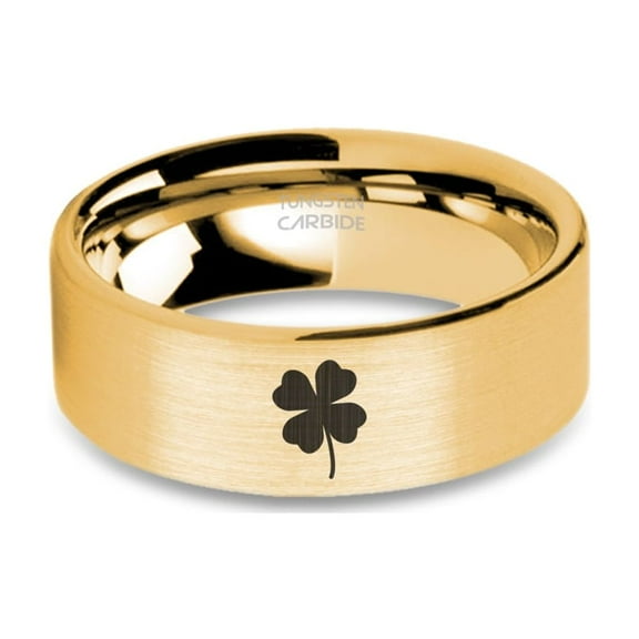 Four Leaf Clover Engraved Brushed Yellow Gold Tungsten Ring, 8mm, Size 15