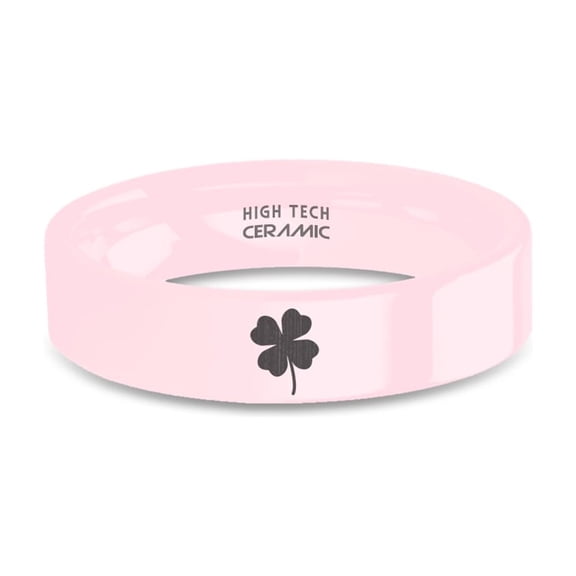 Four Leaf Clover Engraved Pink Polished Ceramic Wedding Band, 6mm, Size 6.5