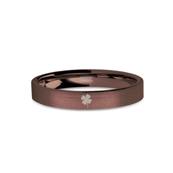 Four Leaf Clover Engraved Rustic Brushed Brown Tungsten Band, 4mm, Size 3