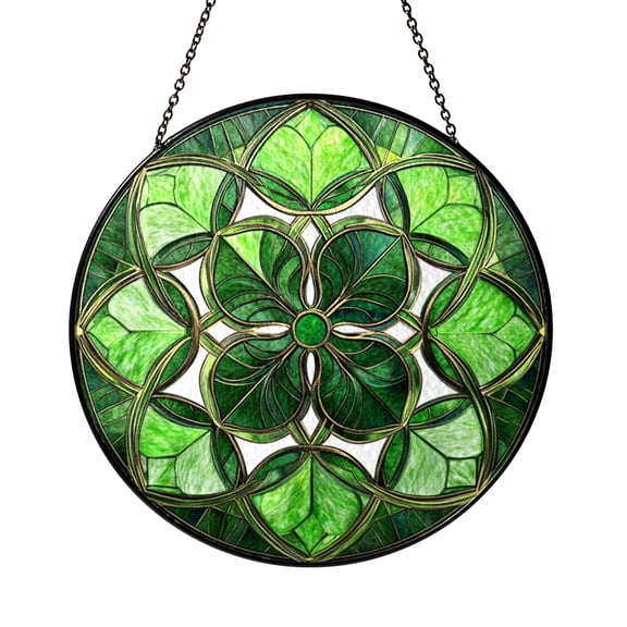 Four Leaf Clover Geometric Stained Glass Suncatcher Window Hanging Decor, Green Clover Pattern Stained Glass Style Round Panel, Nature Inspired Botanical Window Art Ornament Decorative Home Window