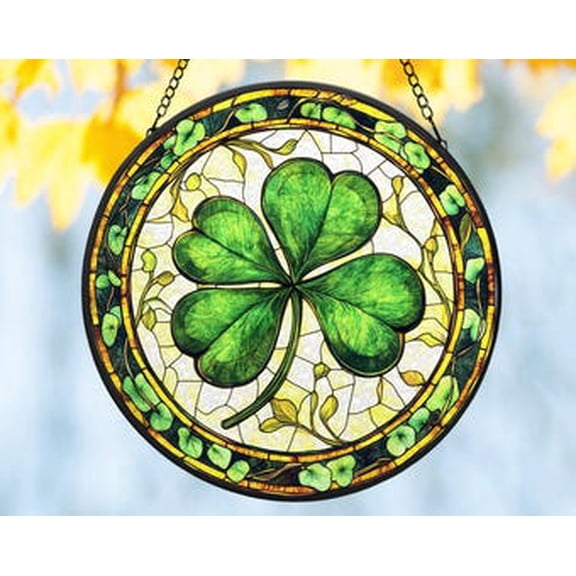 Four Leaf Clover Glass Suncatcher Round Window Hanging, 3.5 in