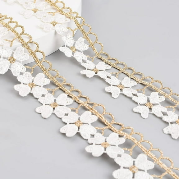 Four Leaf Clover Golden Wavy Edge, 5 Yards White Flower Lace Trim Lace Trim Fabric Gold Thread Embroidery Lace Accessories, 1.37 in