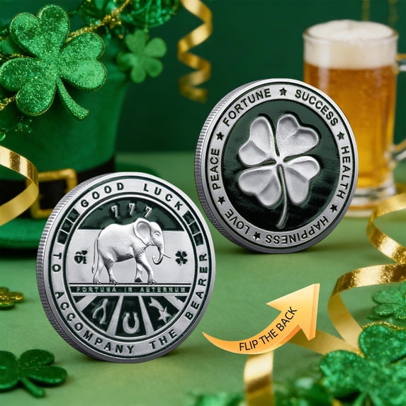 Four Leaf Clover Good Luck Coin - Wealth Success Health Peace Gift for Family Friends - Relief Design Wallet Ornament