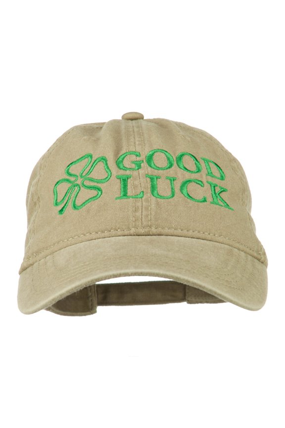 Four Leaf Clover Good Luck Embroidered Washed Cap - Khaki OSFM