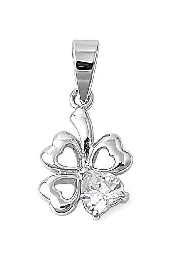 Four Leaf Clover Heart Pendant Cubic Zirconia Sterling Silver