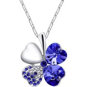 Four Leaf Clover Heart-Shaped Crystal Pendant Necklace 16" + 5" Extender Dark Blue