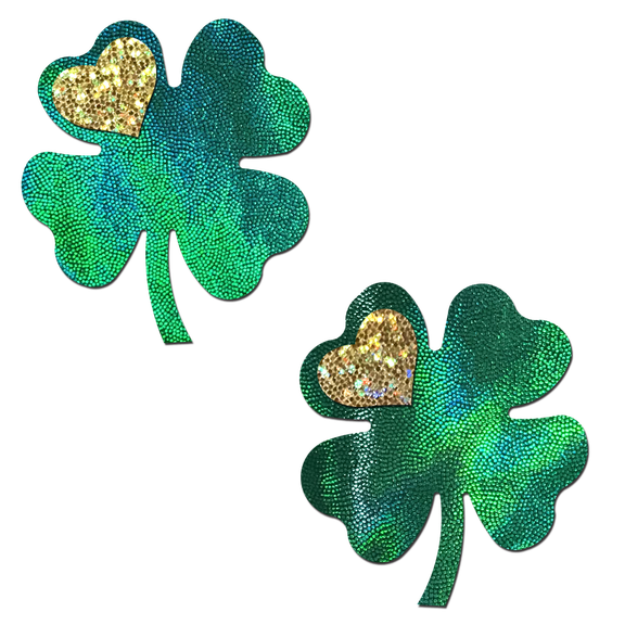 Four Leaf Clover: Holographic Green Shamrocks with Hearts o' Gold Nipple Pasties by Pastease