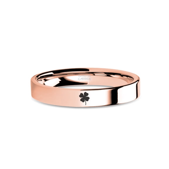 Four Leaf Clover Laser Engraved Rose Gold Tungsten Carbide Ring, 4mm, Size 6.5
