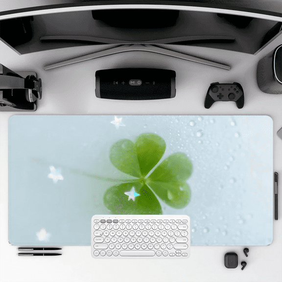 Four Leaf Clover Mouse Pad 35.4 x 15.8 inches Rubber Desk Mat with Star and Water Drop Design for Office or Home Use