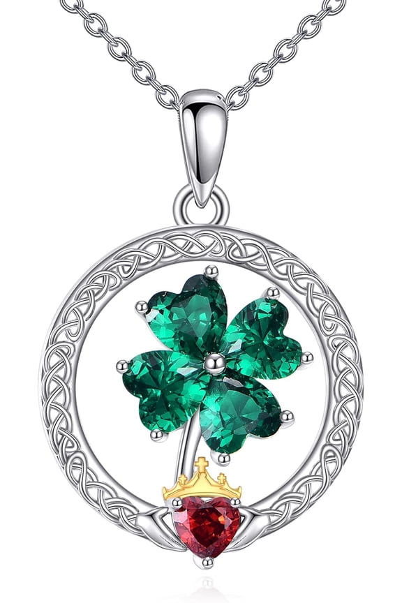 Four Leaf Clover Necklace 925 Sterling Silver Claddagh Necklace Four Leaf Clover Pendant St Patricks Day Jewelry for Women