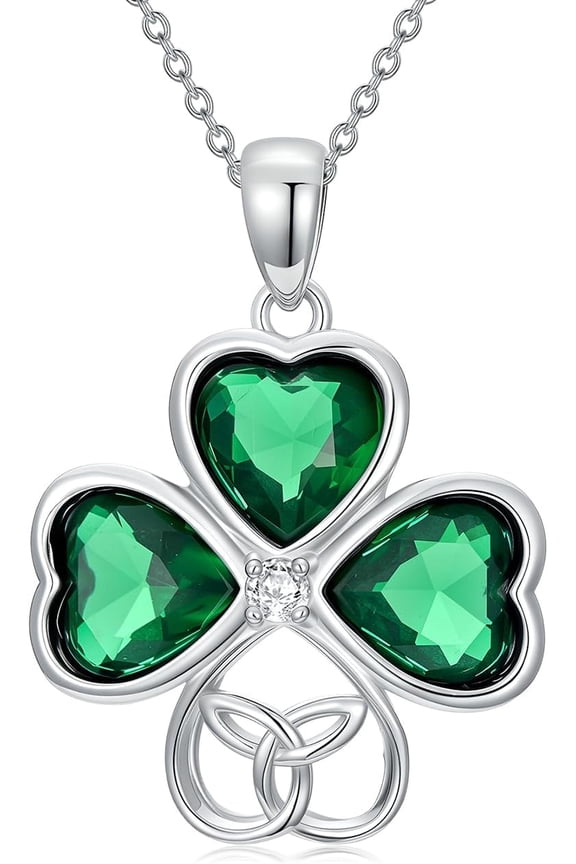 Four Leaf Clover Necklace for Women, 925 Sterling silver Celtic knot Lucky Clover Heart Pendant Necklace, Emerald Shamrock Irish Jewelry Gift for Women Birthday Valentines Day Mothers