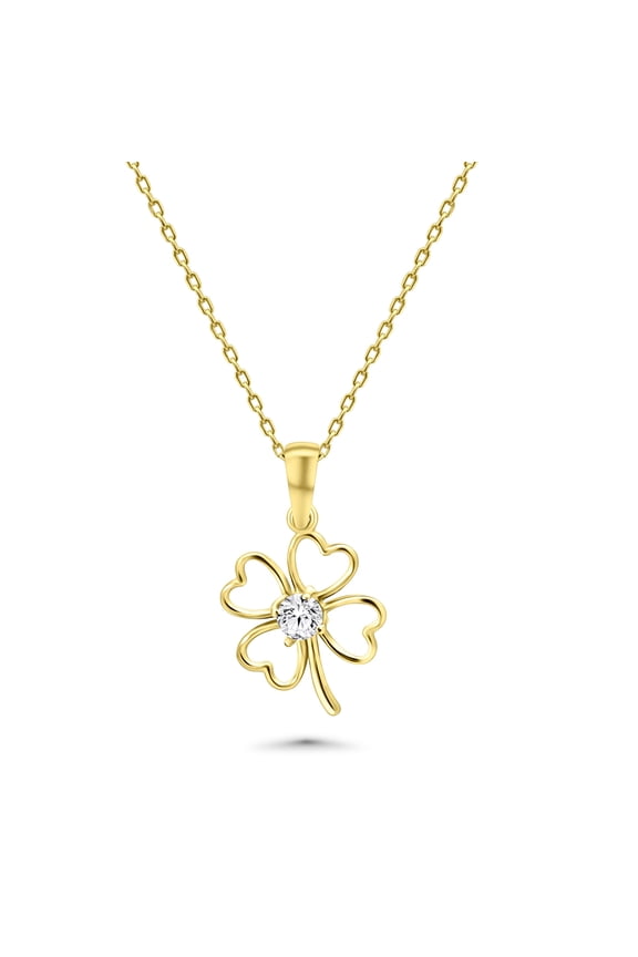 Four Leaf Clover Necklace with CZ in 14 Karat Solid Gold | Dainty Gold Four Leaf Clover Pendant with CZ | Minimalist Lucky Charm Necklace