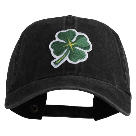 Four Leaf Clover Patched Washed Solid Pigment Dyed Cotton Twill Brass Buckle Cap - Black OSFM
