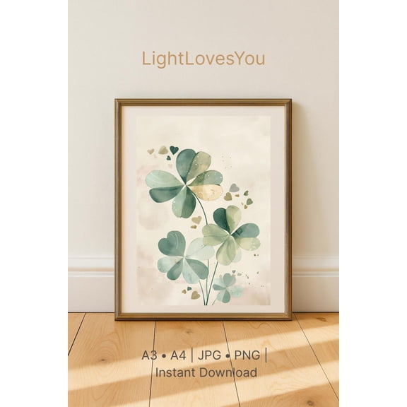 Four Leaf Clover Print, Minimal Irish Wall Art