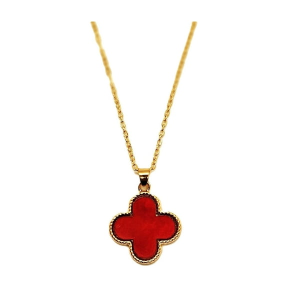 Omodo Four-Leaf Clover Red Pendant Necklace, Gold Tone