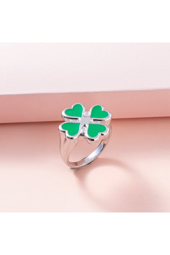 Four Leaf Clover Ring Enamel Zinc Alloy Plant Shape Vintage Fashion Jewelry Gift for Women Men Daily Wear Classic Shine
