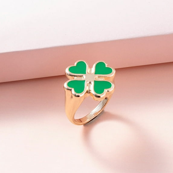 Four Leaf Clover Ring Enamel Zinc Alloy Plant Shape Vintage Fashion Jewelry Gift for Women Men Daily Wear Classic Shine