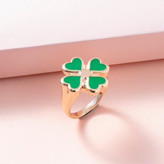 Four Leaf Clover Ring Enamel Zinc Alloy Plant Shape Vintage Fashion Jewelry Gift for Women Men Daily Wear Classic Shine