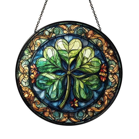 Four Leaf Clover Shamrock Stained Glass Style Suncatcher Window Hanging, Botanical Green Leaf Window Ornament With Clover Design
