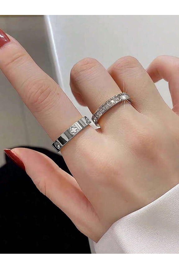 Four-Leaf Clover Silver Stainless Steel Stackable Rings With Cubic Zirconia For Women Daily Wear
