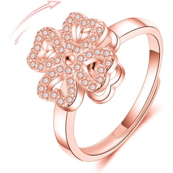 Four-Leaf Clover Spinner Rings Anxiety Fidget Ring for Anxiety Sterling Silver Plated Cubic Zirconia Flower Ring Relieving Stress Open Stacking Finger Calming Gifts Birthday Daughter Fashion