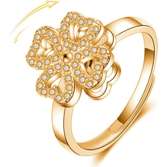 Four-Leaf Clover Spinner Rings Anxiety Fidget Ring for Anxiety Sterling Silver Plated Cubic Zirconia Flower Ring Relieving Stress Open Stacking Finger Calming Gifts Birthday Daughter Fashion