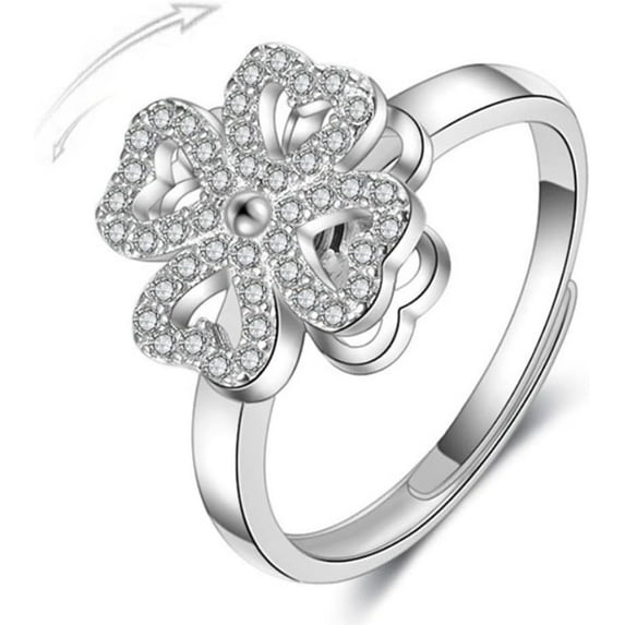Four-Leaf Clover Spinner Rings Anxiety Fidget Ring for Anxiety Sterling Silver Plated Cubic Zirconia Flower Ring Relieving Stress Open Stacking Finger Calming Gifts Birthday Daughter Fashion