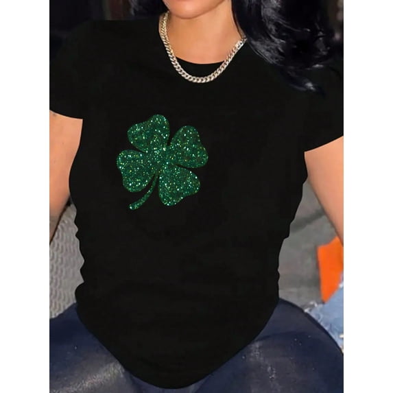 Four Leaf Clover St Patricks Day Women Short Sleeve Glitter Graphic T-Shirt