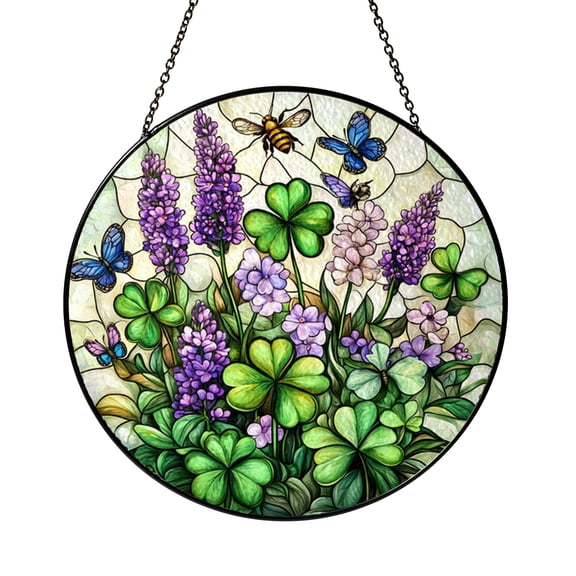 Four Leaf Clover Stained Glass Suncatcher – Lucky Shamrock Window Hanging with Bees & Butterflies, Green Home Decor Gift for Luck