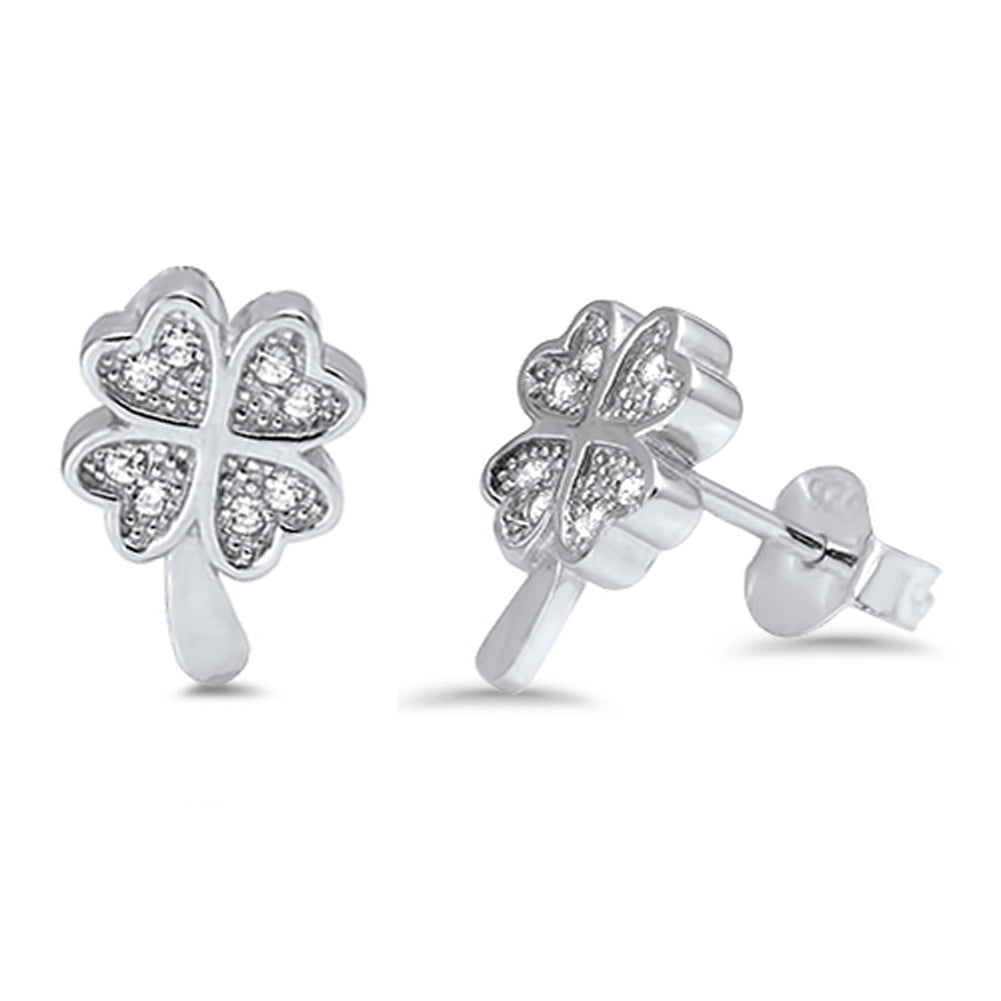 Four Leaf Clover Tiny Studded Shamrock Nature Clear CZ .925 Sterling Silver Earrings Female