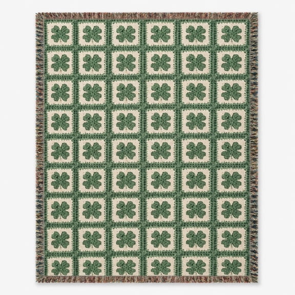 Four-Leaf Clover Woven Cotton Throw Blanket with Fringe | 3 Sizes | Green & Cream