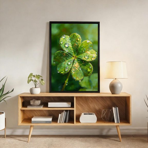 Four Leaf Clover with Gold Glitter Art | Dewy Macro Spring Nature Wall Decor, Unframed Paper Poster 8x10in