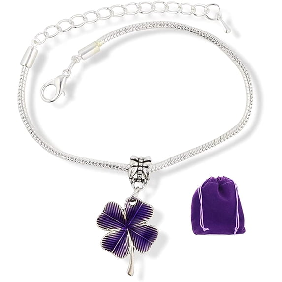 Four Leaf Clover with Purple Tint Snake Chain Charm Bracelet