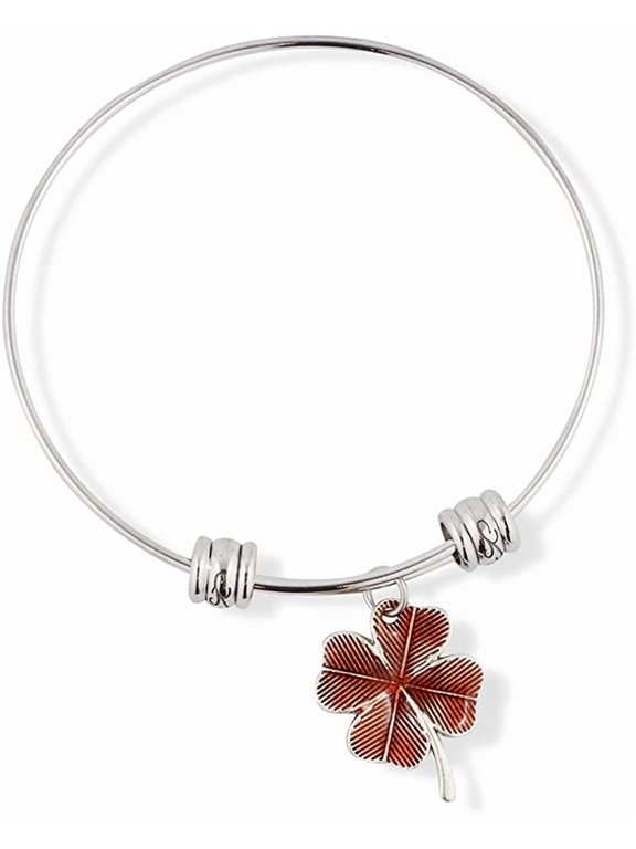 Four Leaf Clover with Red Brown Tint Stainless Steel Adjustable Wire Charm Bangle