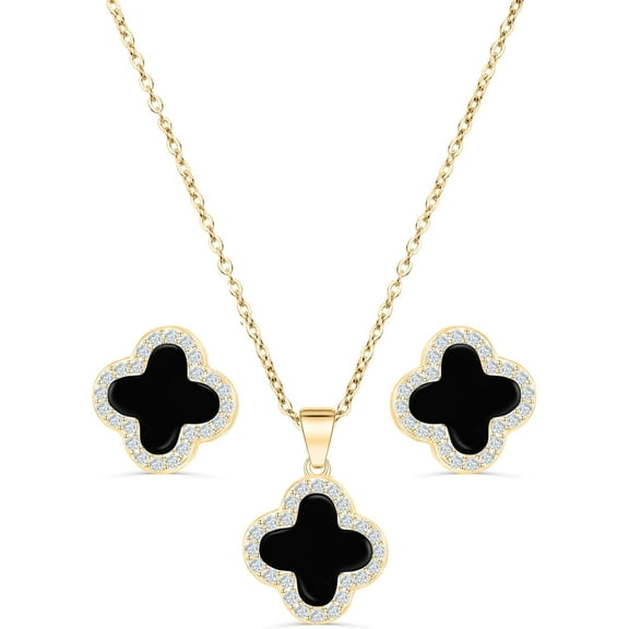 Four Leaf Crystal Clover Necklace Earring Set for Women | 18K Gold Plated Cubic Zirconia Bracelet | 4 Leaf Lucky Pendant and Ear Studs | Jewelry Gift for Her