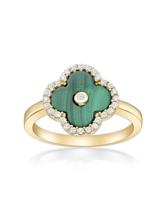 Four Leaf Flower Ring for Women - Green Malachite & Cubic Zirconia in 925 Sterling Silver - Hypoallergenic Yellow Gold Plated - Anniversary Halo Clover Ring Size 6